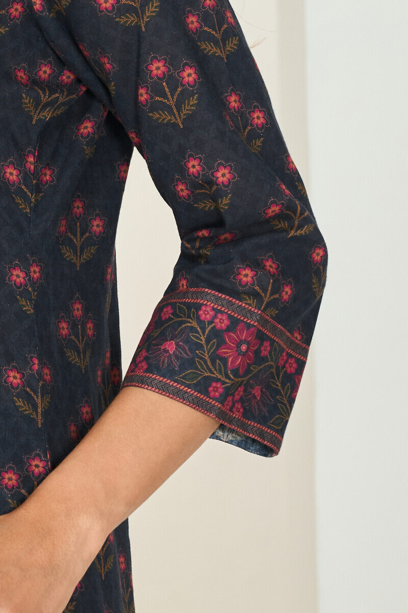 Navy Blue Printed Straight Cotton Kurta