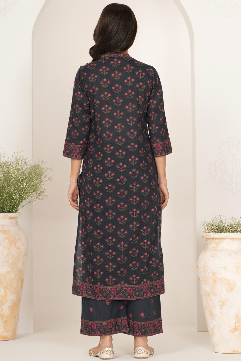 Navy Blue Printed Straight Cotton Kurta