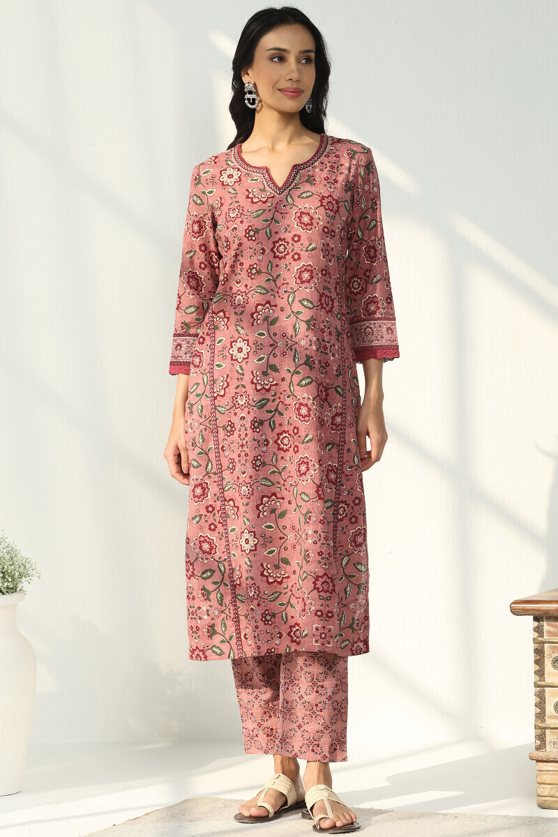 Pink Hand Printed Straight Cotton Slub Kurta