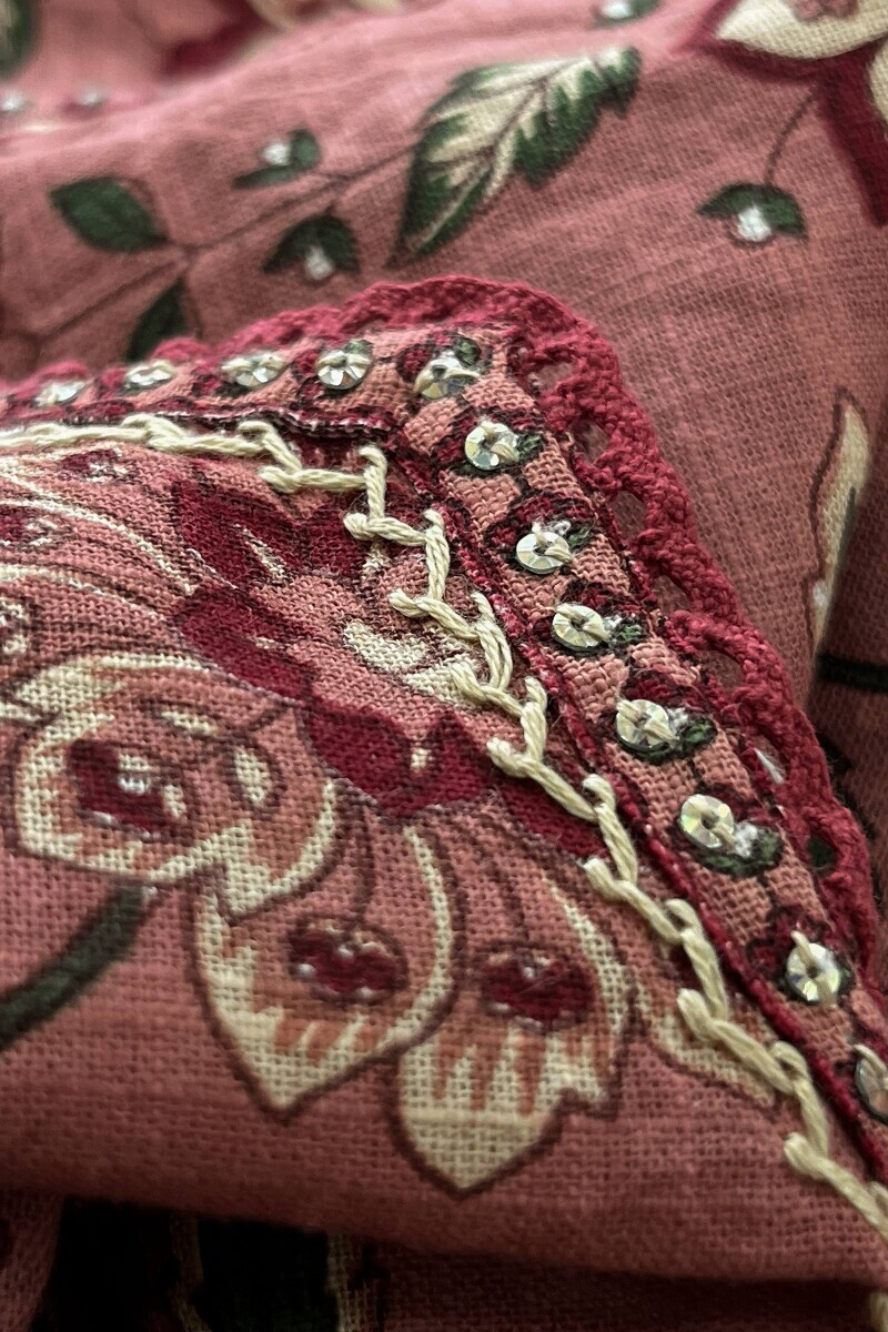 Pink Hand Printed Straight Cotton Slub Kurta