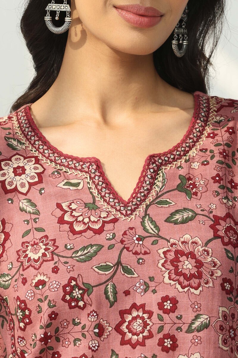 Pink Hand Printed Straight Cotton Slub Kurta