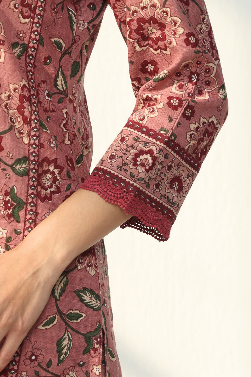 Pink Hand Printed Straight Cotton Slub Kurta