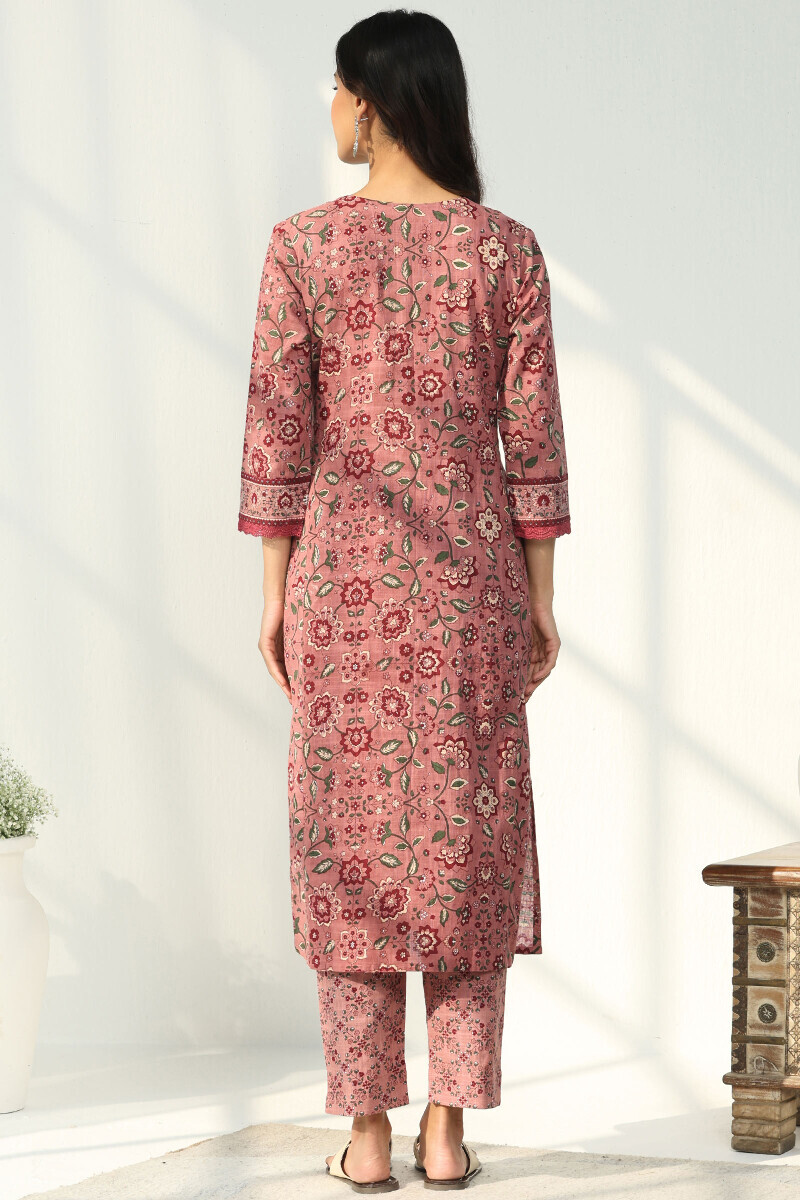 Pink Hand Printed Straight Cotton Slub Kurta