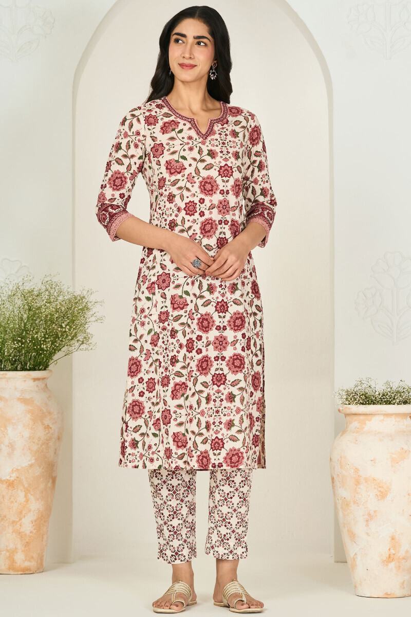 Off-White Hand Printed Straight Cotton Kurta