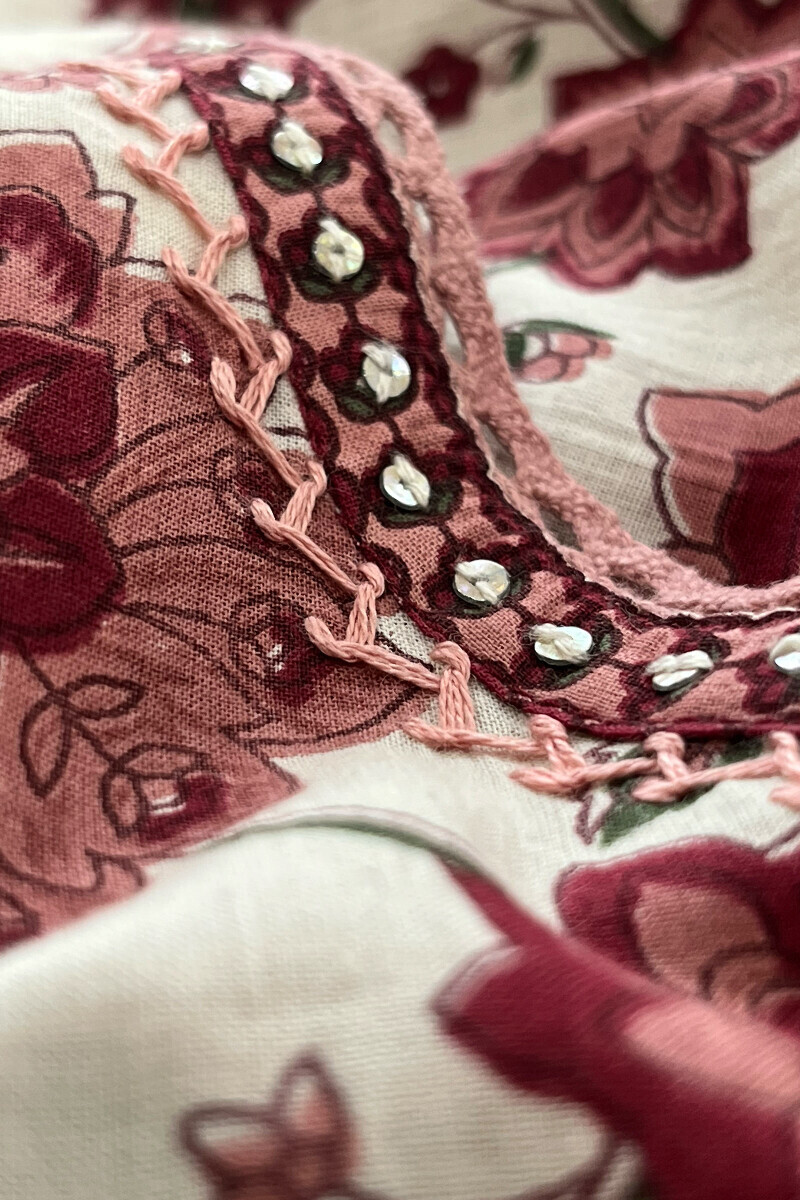 Off-White Hand Printed Straight Cotton Kurta