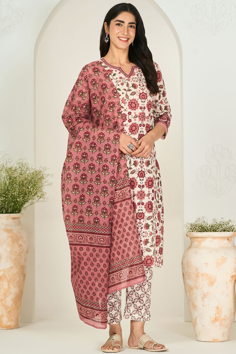 Off-White Hand Printed Straight Cotton Kurta