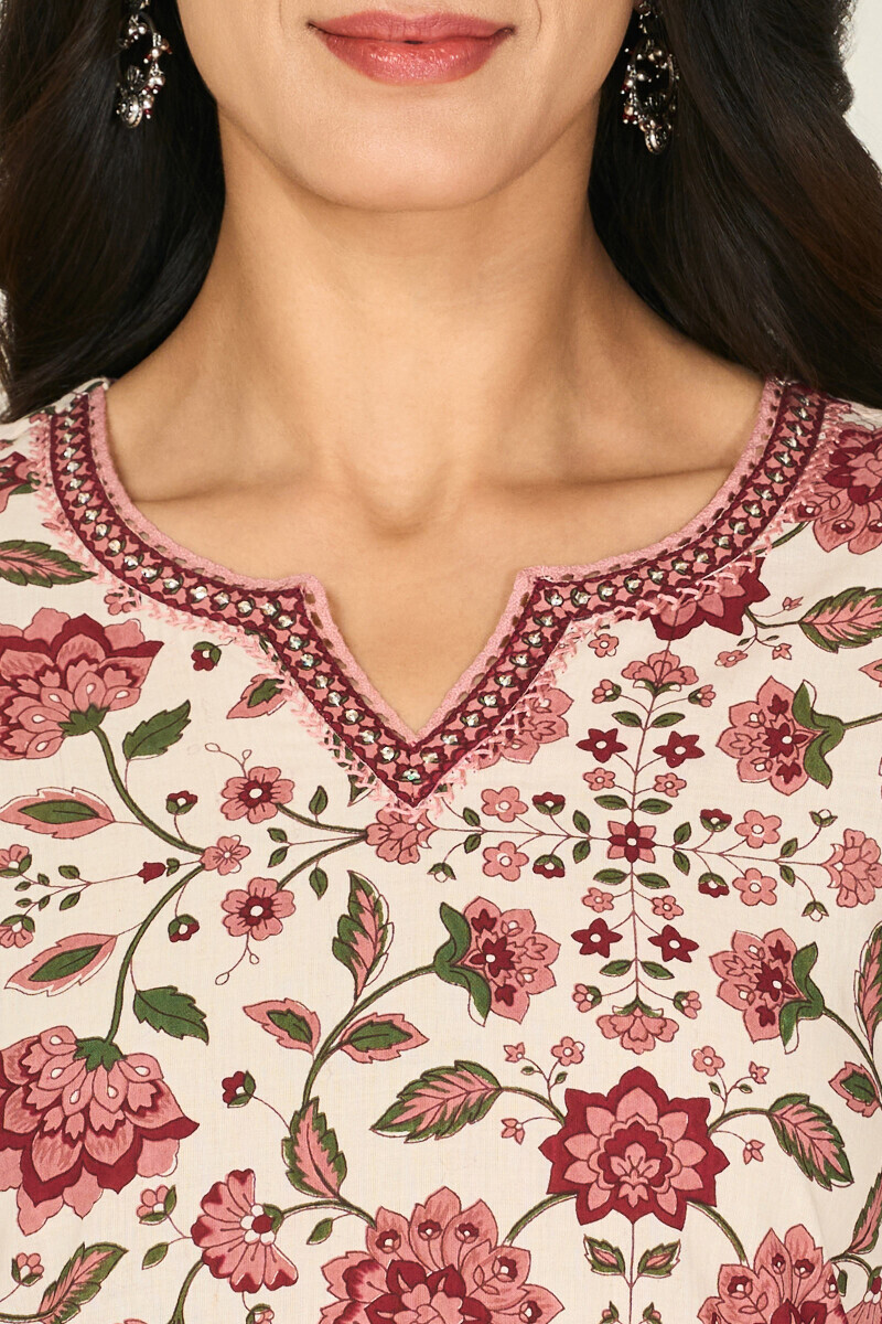 Off-White Hand Printed Straight Cotton Kurta