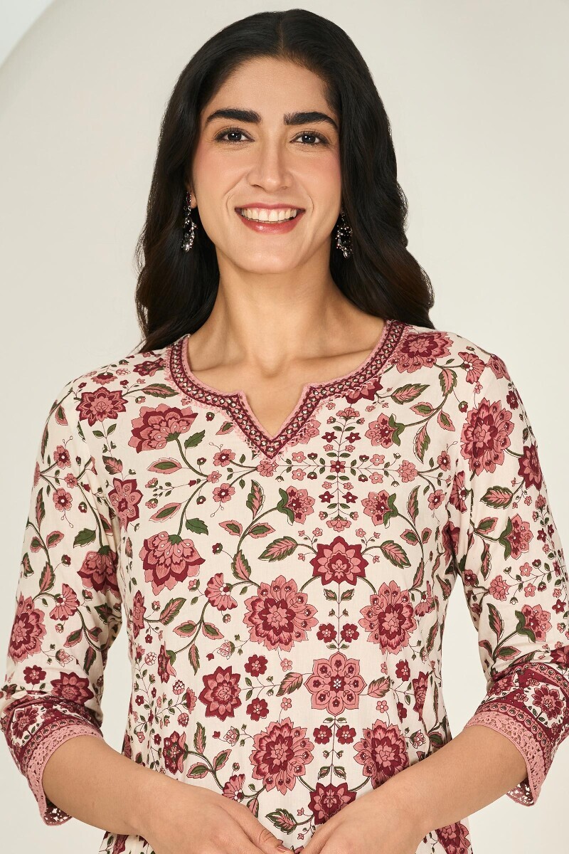 Off-White Hand Printed Straight Cotton Kurta