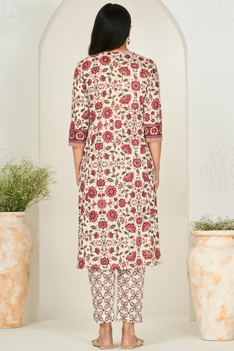 Off-White Hand Printed Straight Cotton Kurta