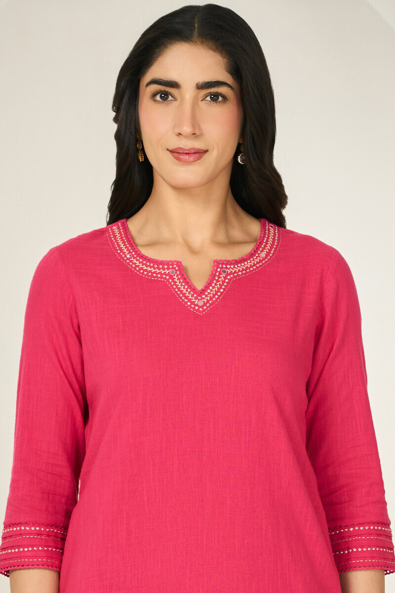 Pink Handcrafted Straight Gauze Slub Kurta