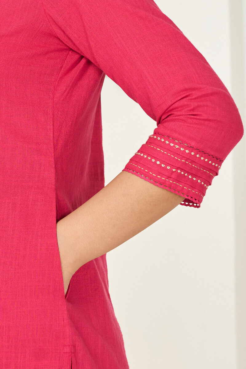 Pink Handcrafted Straight Gauze Slub Kurta