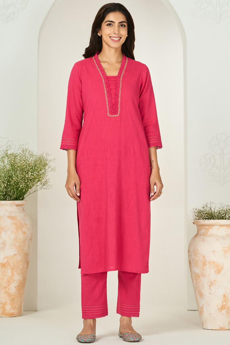 Pink Handcrafted Straight Gauze Slub Kurta