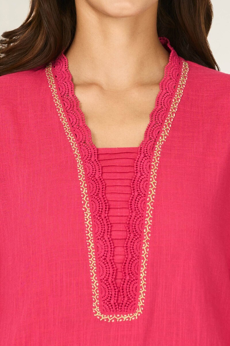 Pink Handcrafted Straight Gauze Slub Kurta