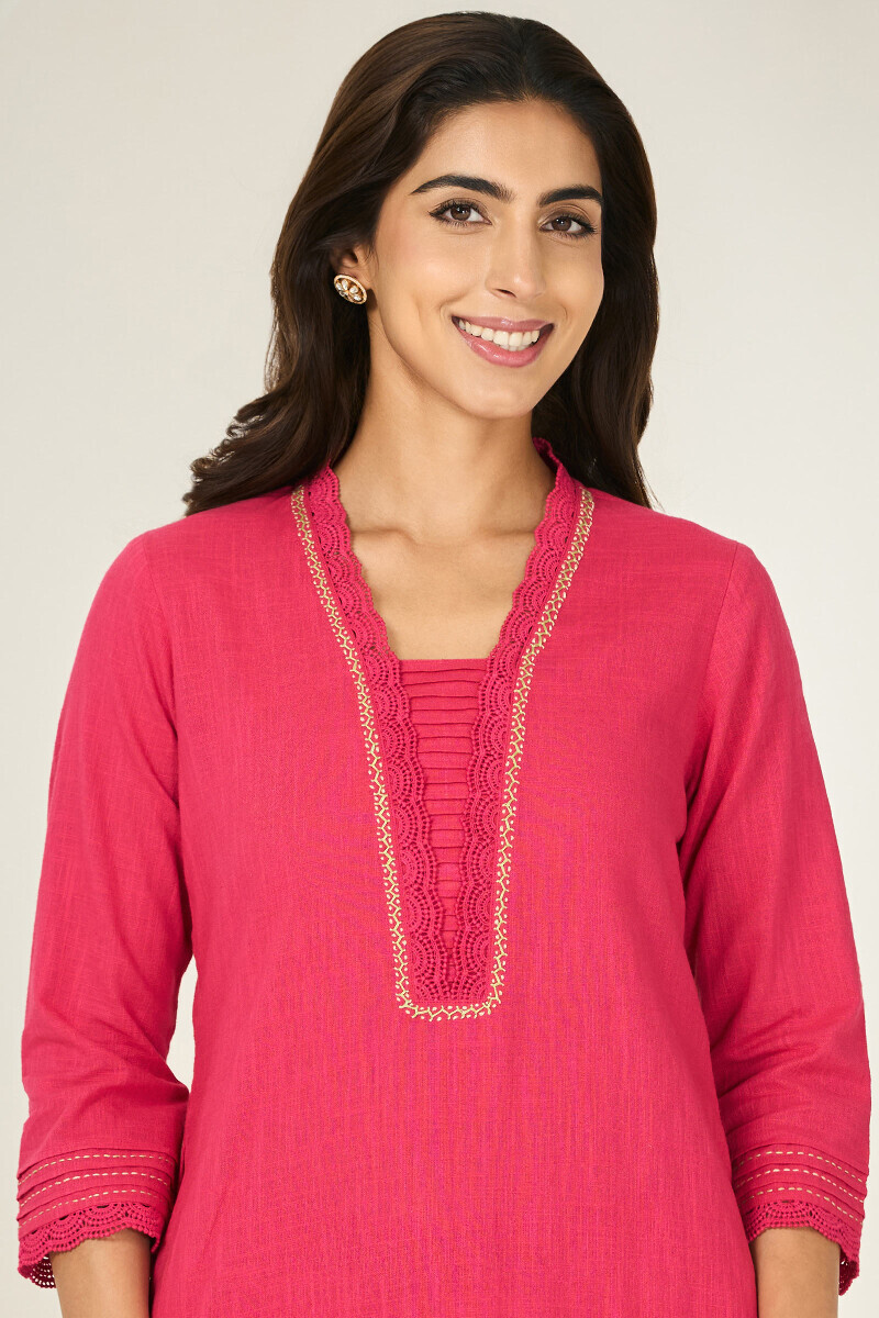 Pink Handcrafted Straight Gauze Slub Kurta