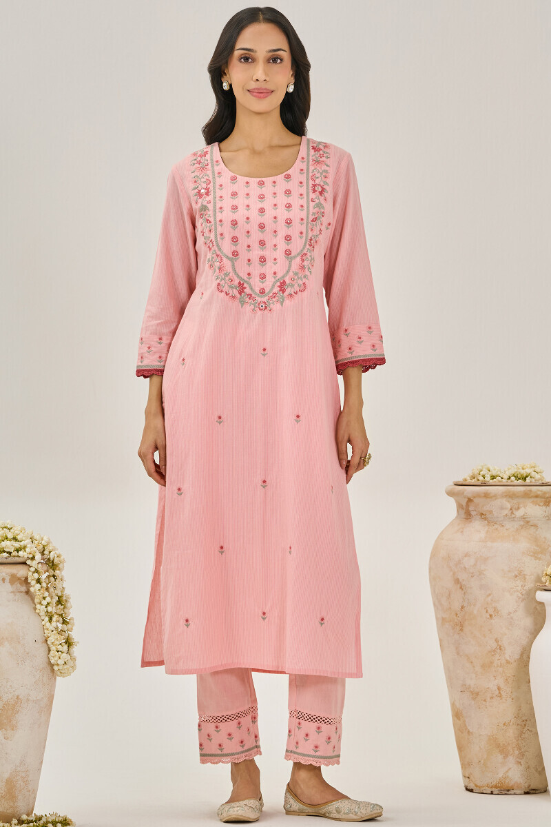 Pink Handcrafted Straight Cotton Kurta