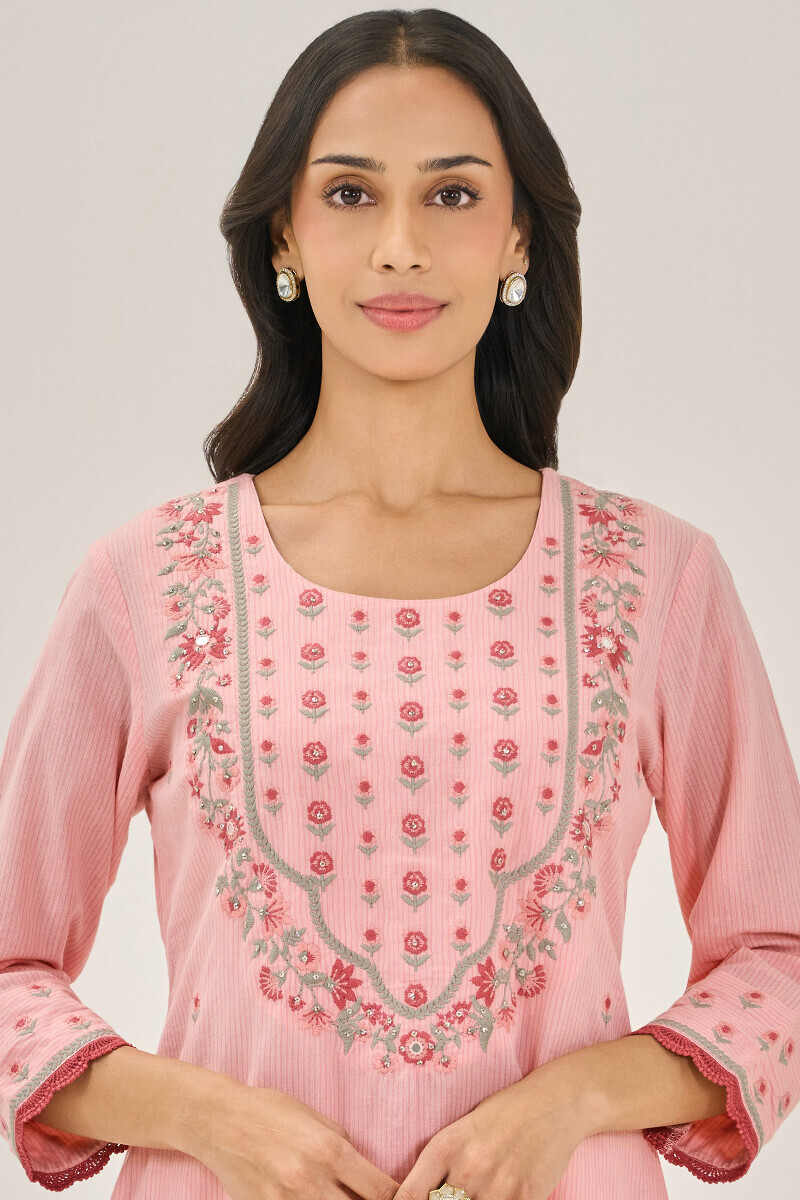 Pink Handcrafted Straight Cotton Kurta