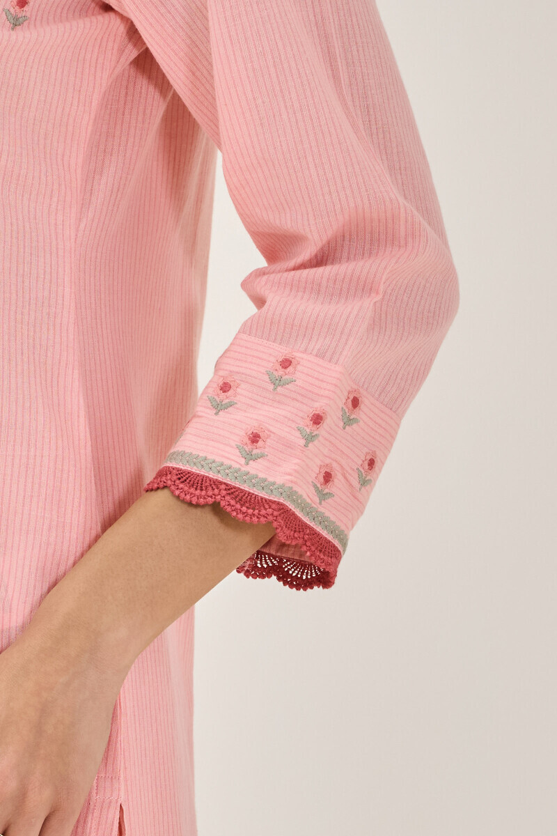 Pink Handcrafted Straight Cotton Kurta