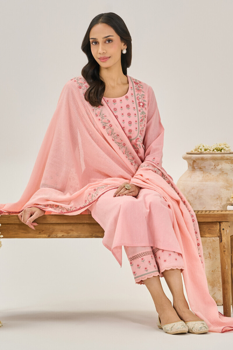 Pink Handcrafted Straight Cotton Kurta