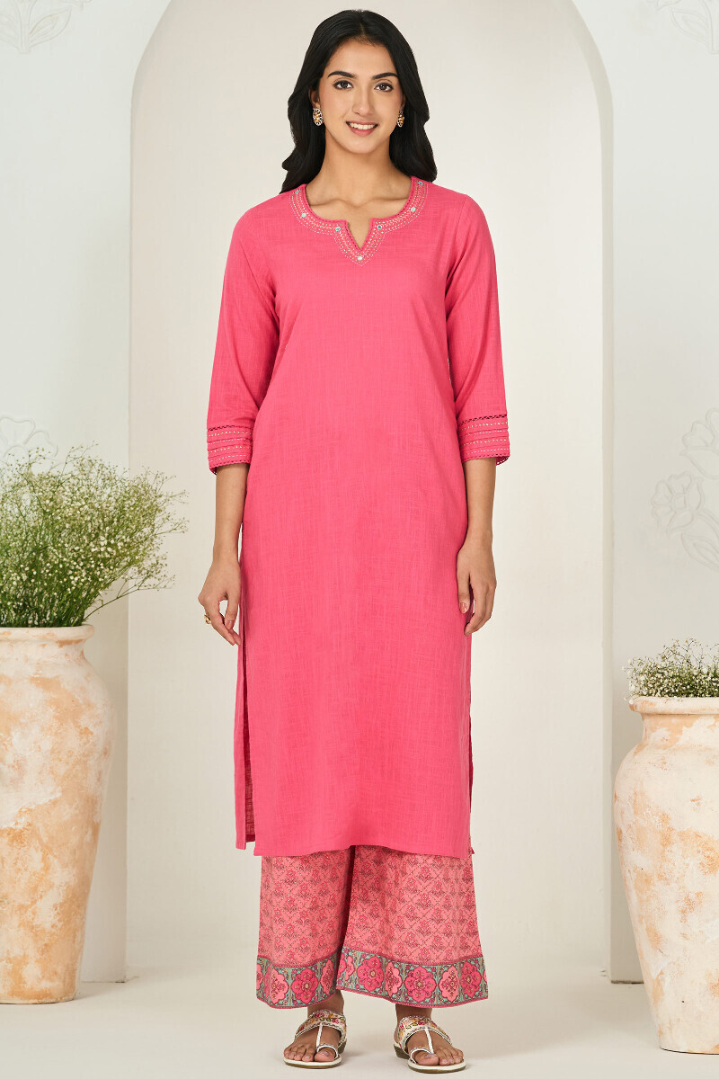Pink Handcrafted Straight Gauze Slub Kurta