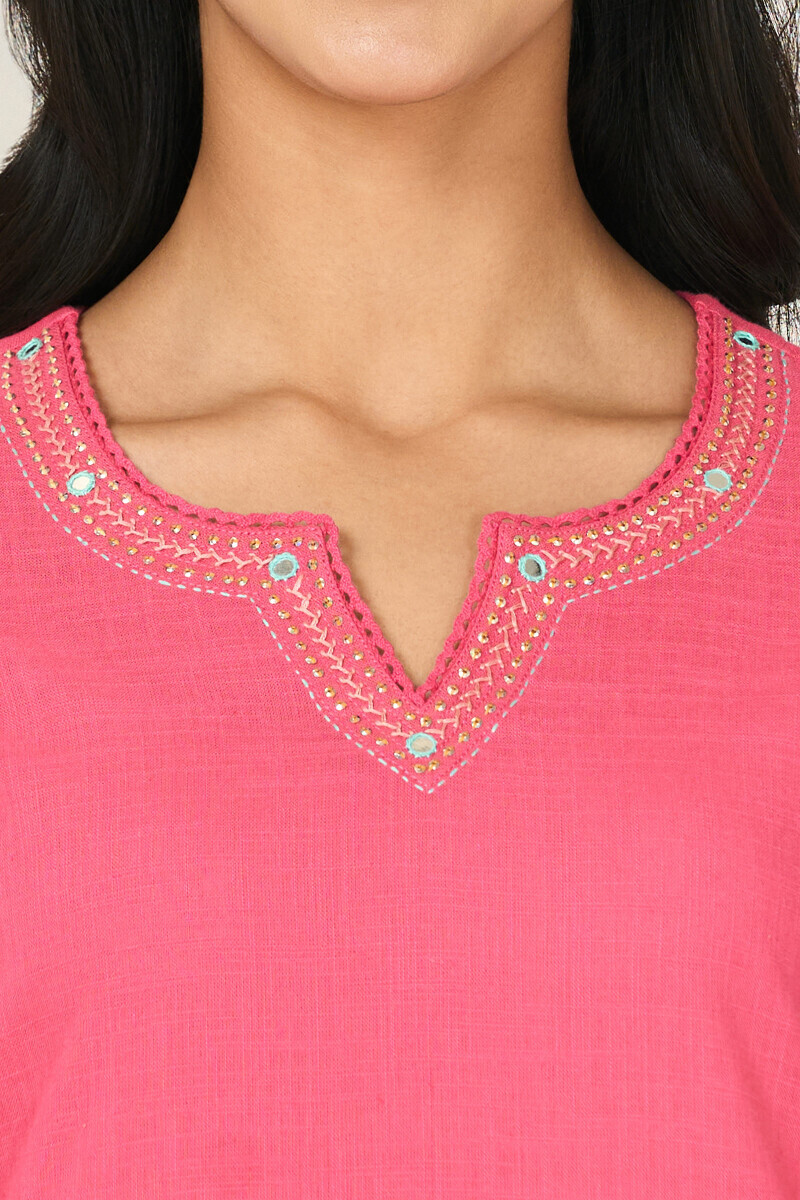 Pink Handcrafted Straight Gauze Slub Kurta