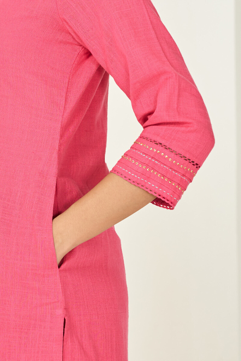 Pink Handcrafted Straight Gauze Slub Kurta