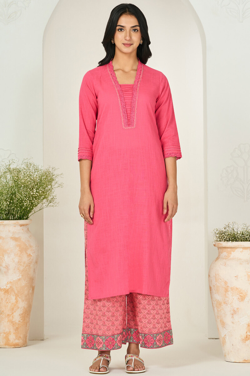 Pink Handcrafted Straight Gauze Slub Kurta