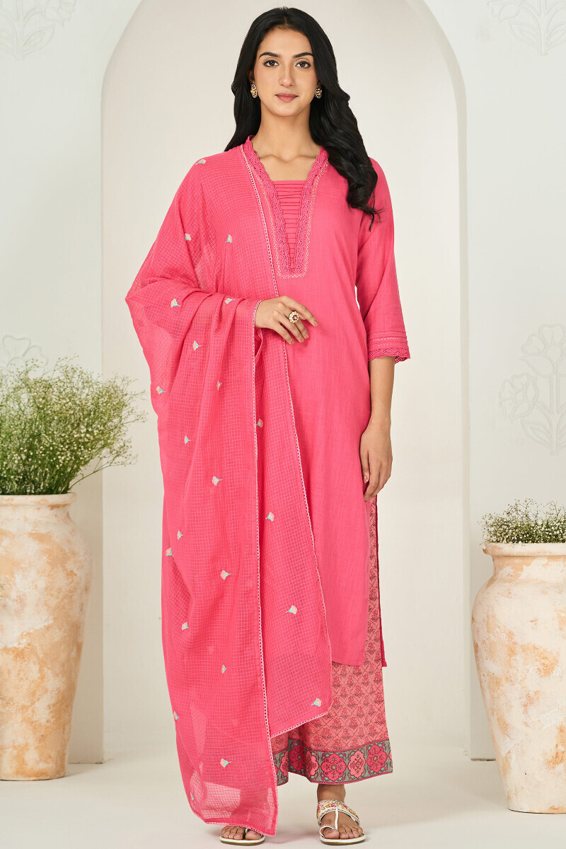 Pink Handcrafted Straight Gauze Slub Kurta