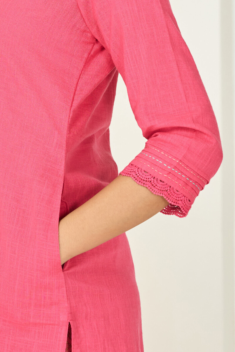 Pink Handcrafted Straight Gauze Slub Kurta