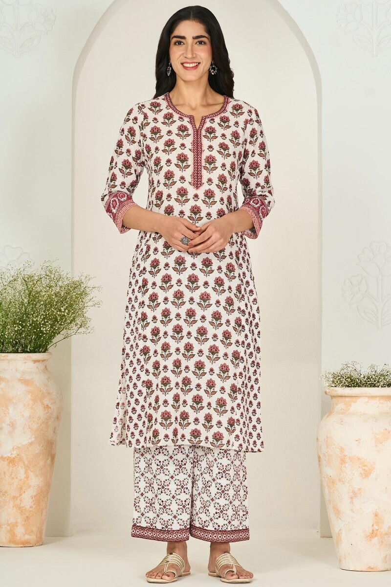Off-White Hand Printed Straight Cotton Slub Kurta
