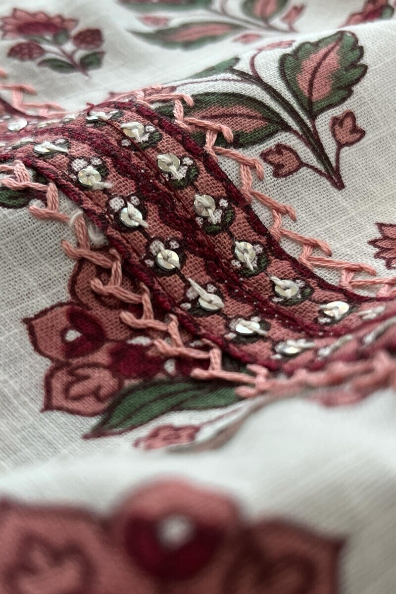 Off-White Hand Printed Straight Cotton Slub Kurta