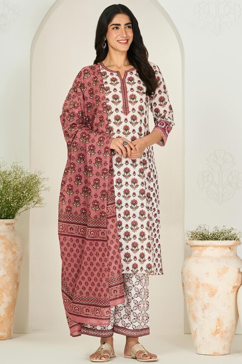 Off-White Hand Printed Straight Cotton Slub Kurta