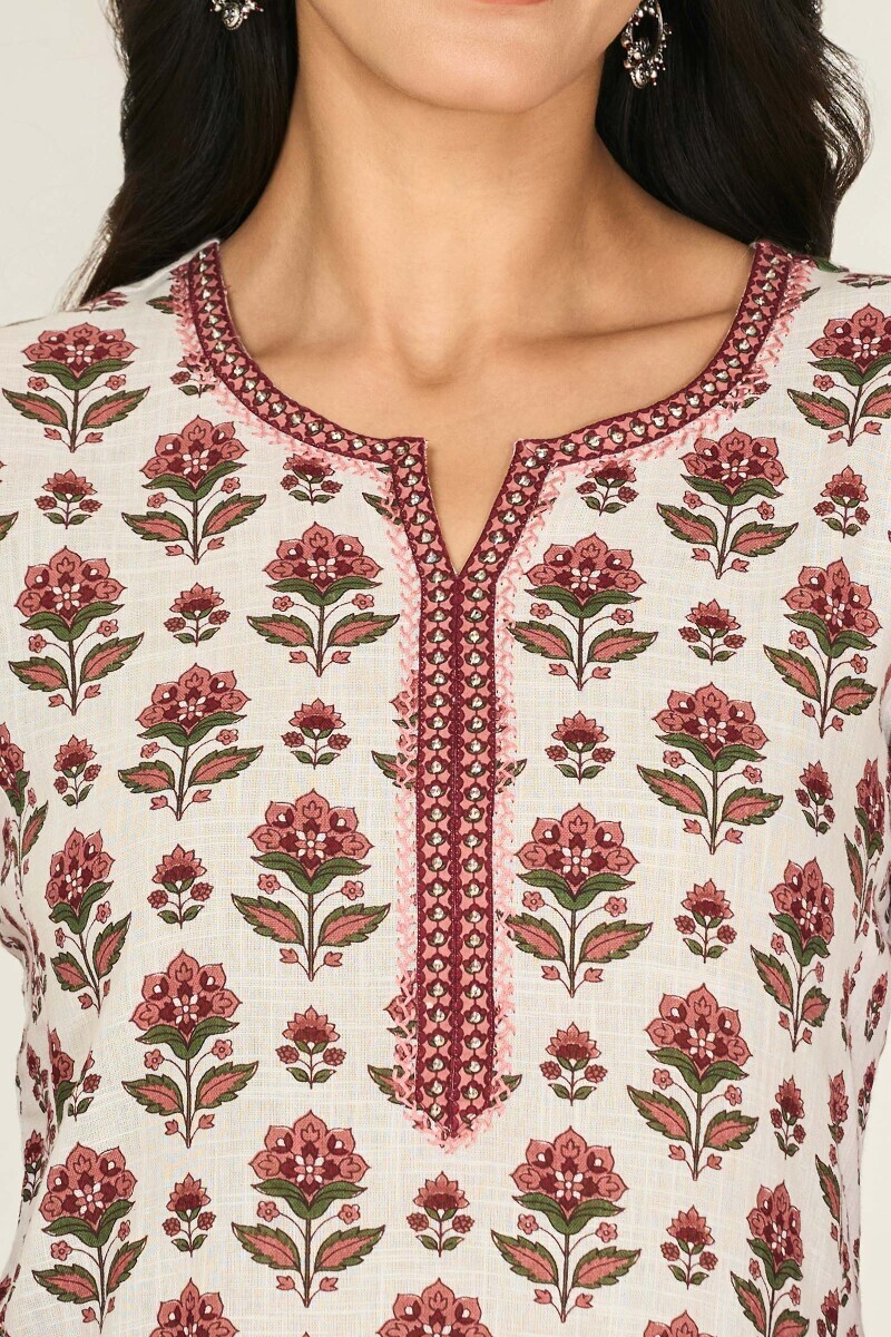 Off-White Hand Printed Straight Cotton Slub Kurta