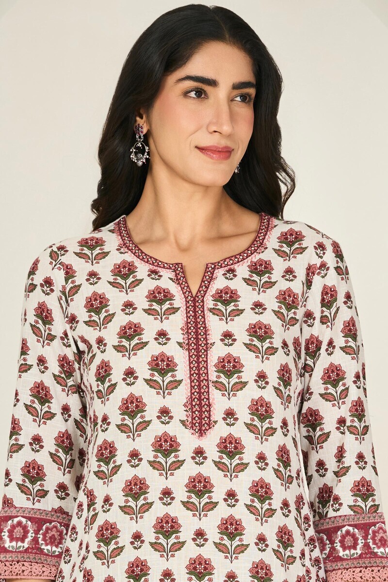 Off-White Hand Printed Straight Cotton Slub Kurta