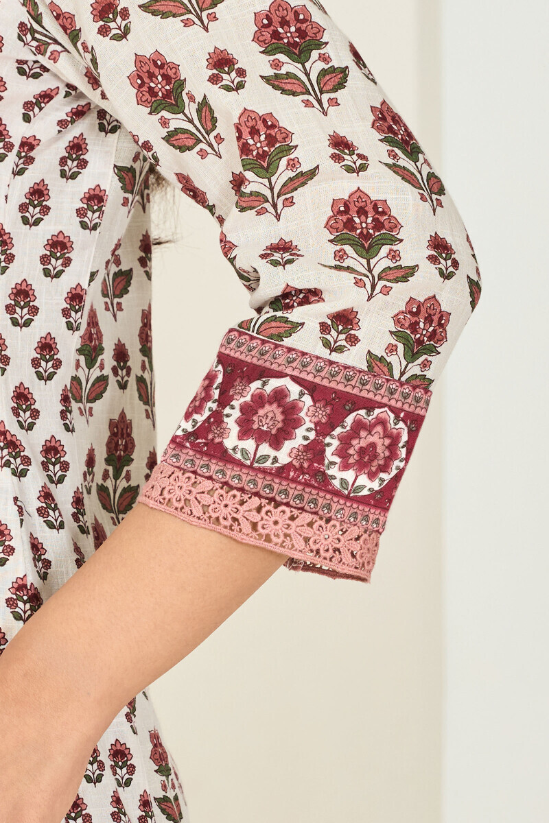 Off-White Hand Printed Straight Cotton Slub Kurta