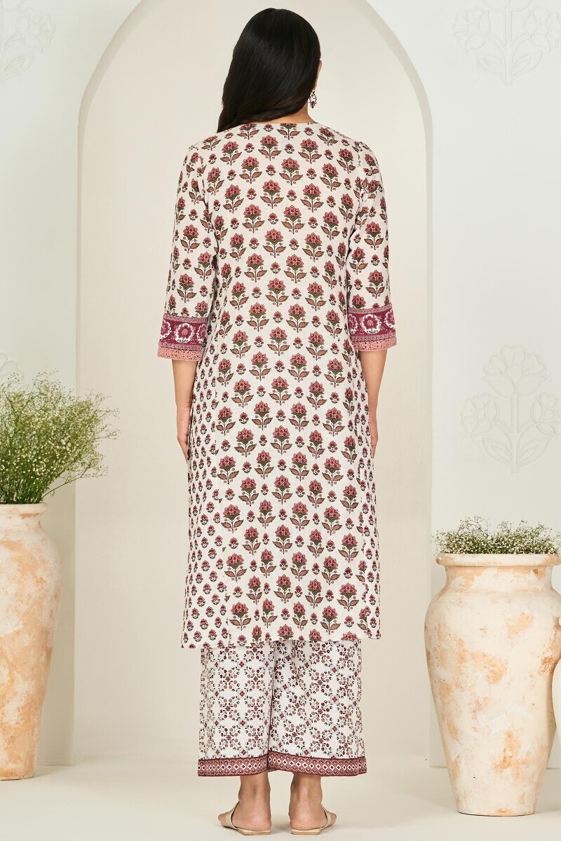 Off-White Hand Printed Straight Cotton Slub Kurta