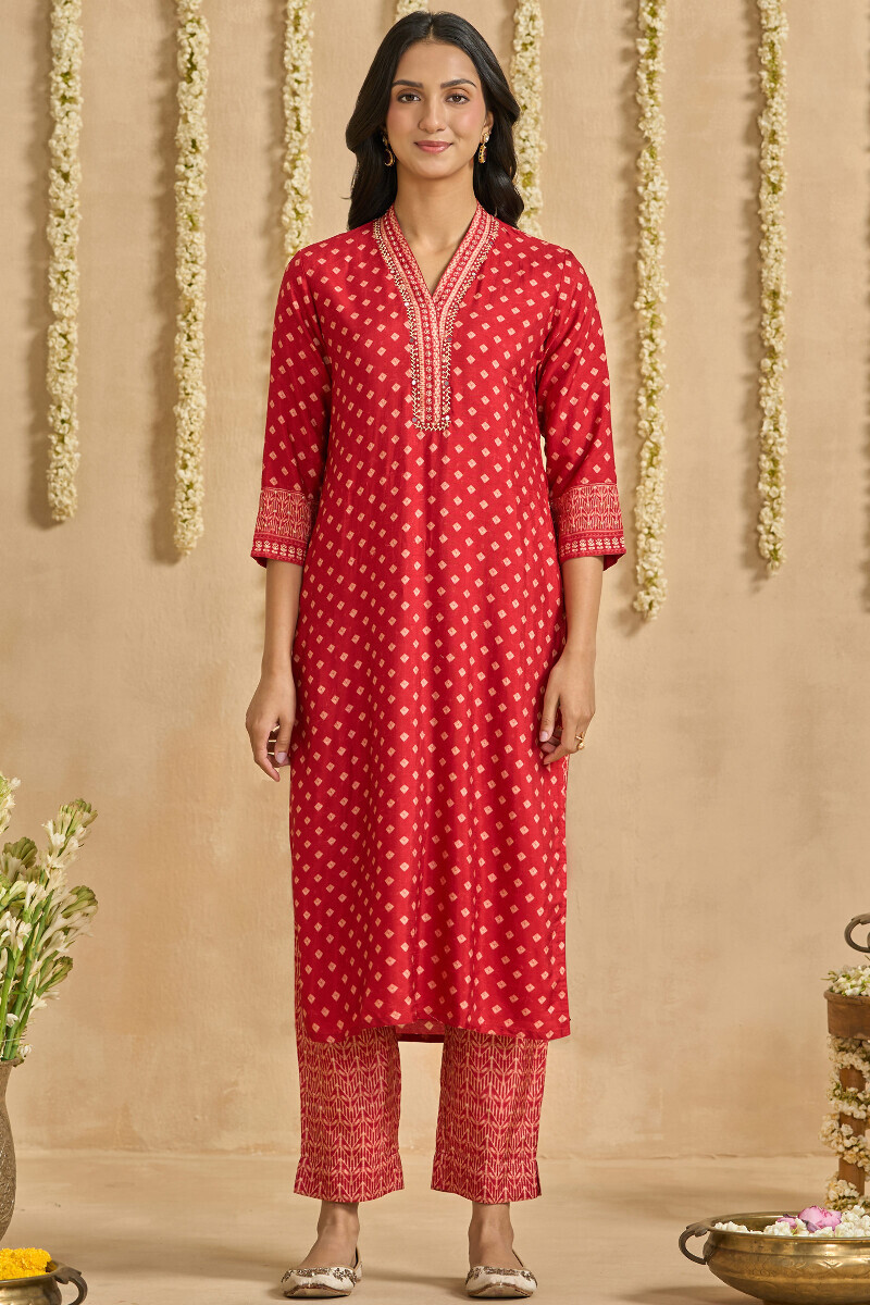 Red Printed Straight Dola Silk Kurta