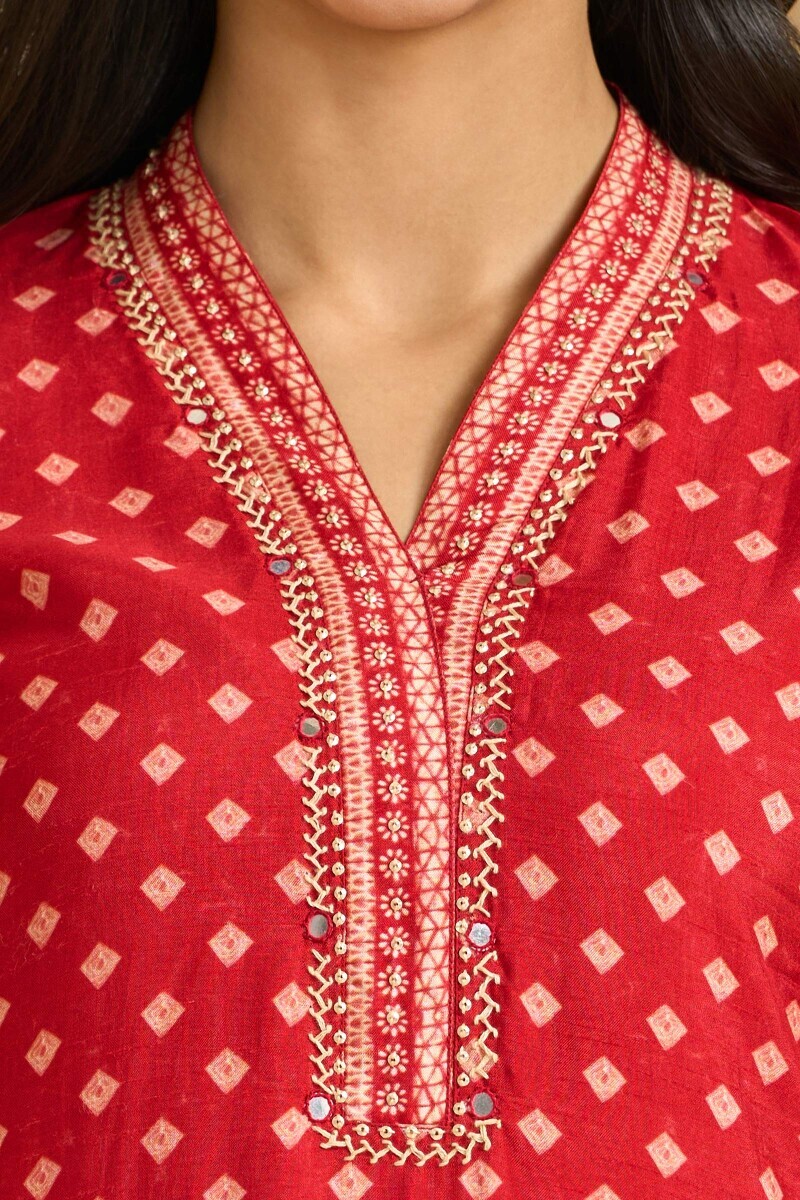Red Printed Straight Dola Silk Kurta