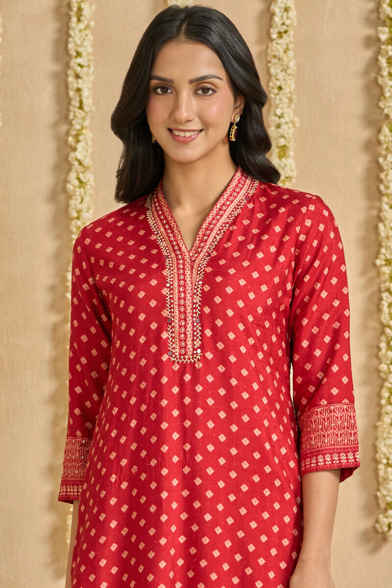 Red Printed Straight Dola Silk Kurta