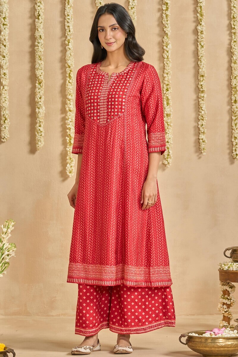 Red Printed A-Line Dola Silk Kurta