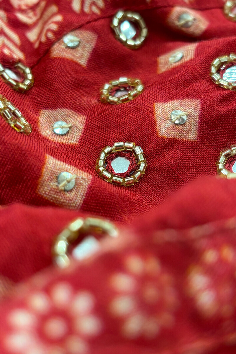 Red Printed A-Line Dola Silk Kurta