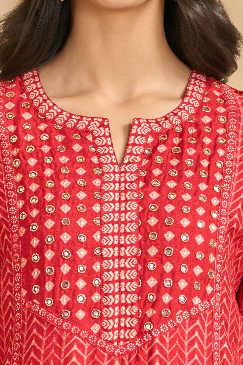 Red Printed A-Line Dola Silk Kurta