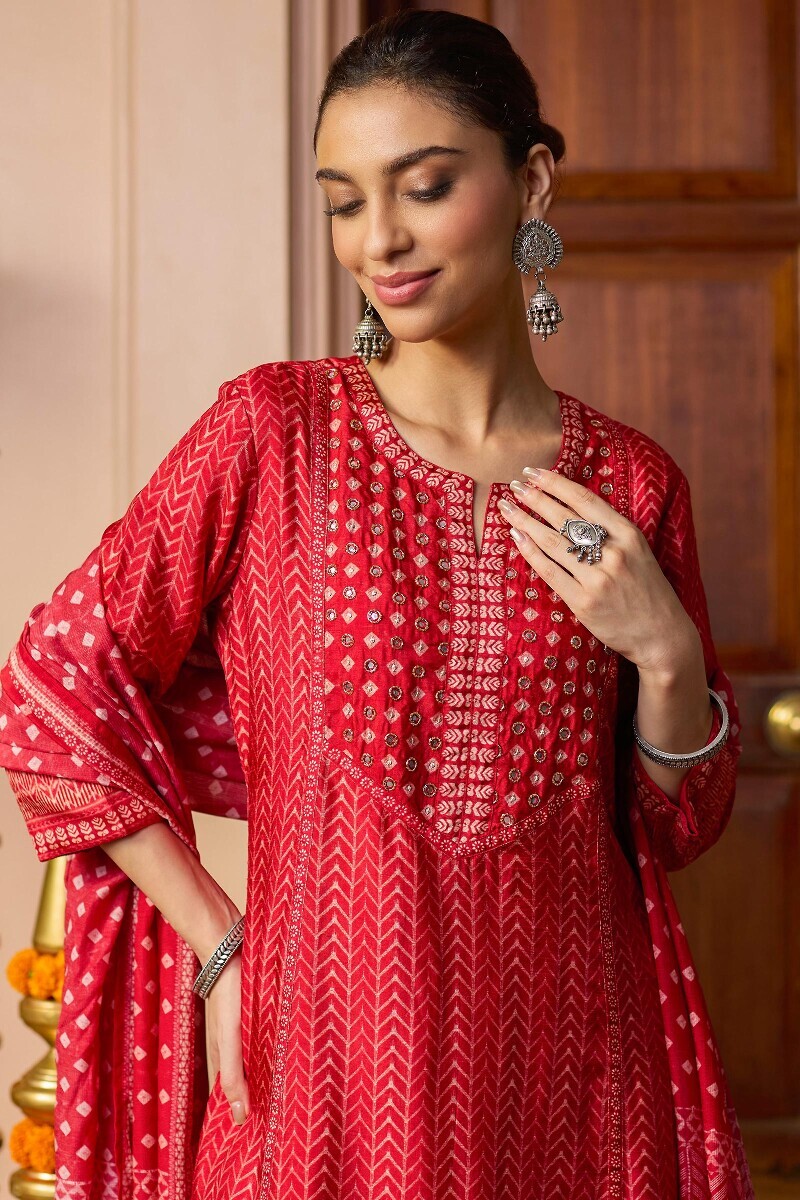 Red Printed A-Line Dola Silk Kurta