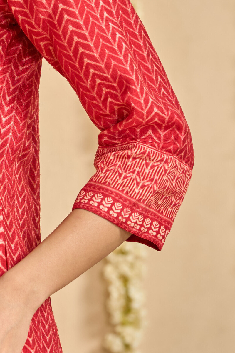 Red Printed A-Line Dola Silk Kurta