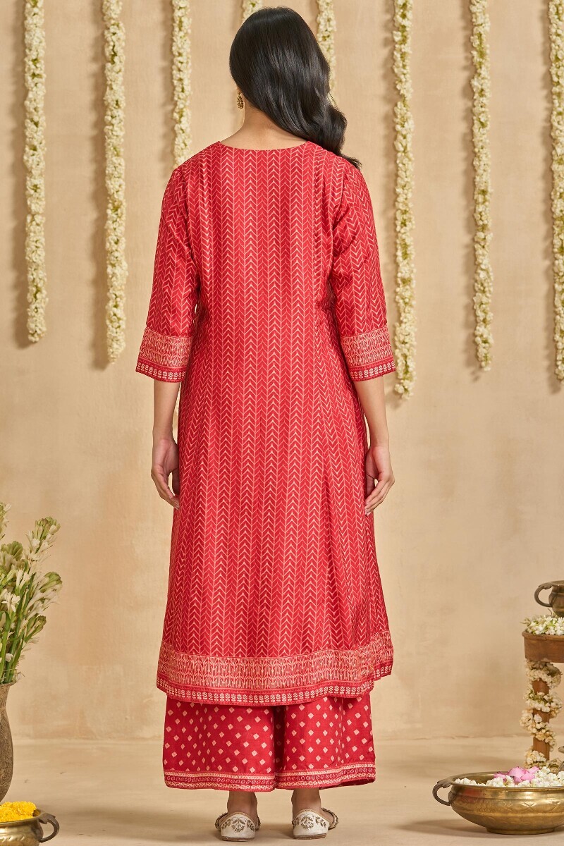Red Printed A-Line Dola Silk Kurta