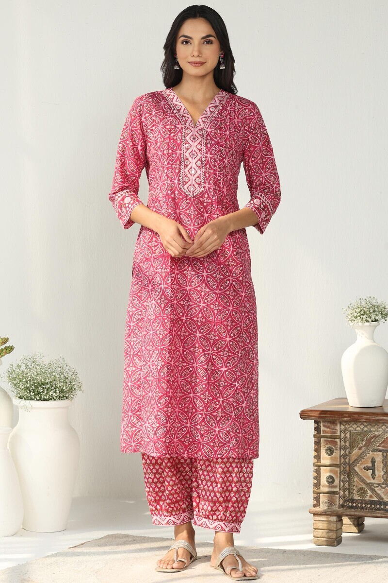 Pink Hand Block Printed Straight Cotton Kurta