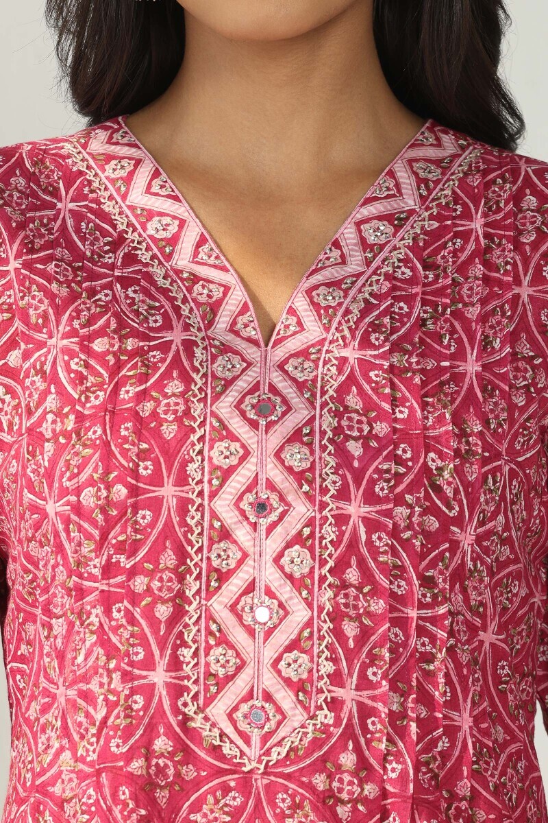 Pink Hand Block Printed Straight Cotton Kurta