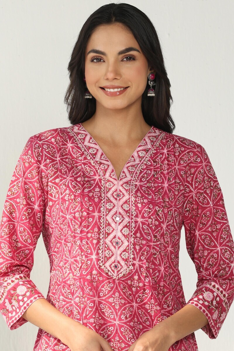 Pink Hand Block Printed Straight Cotton Kurta
