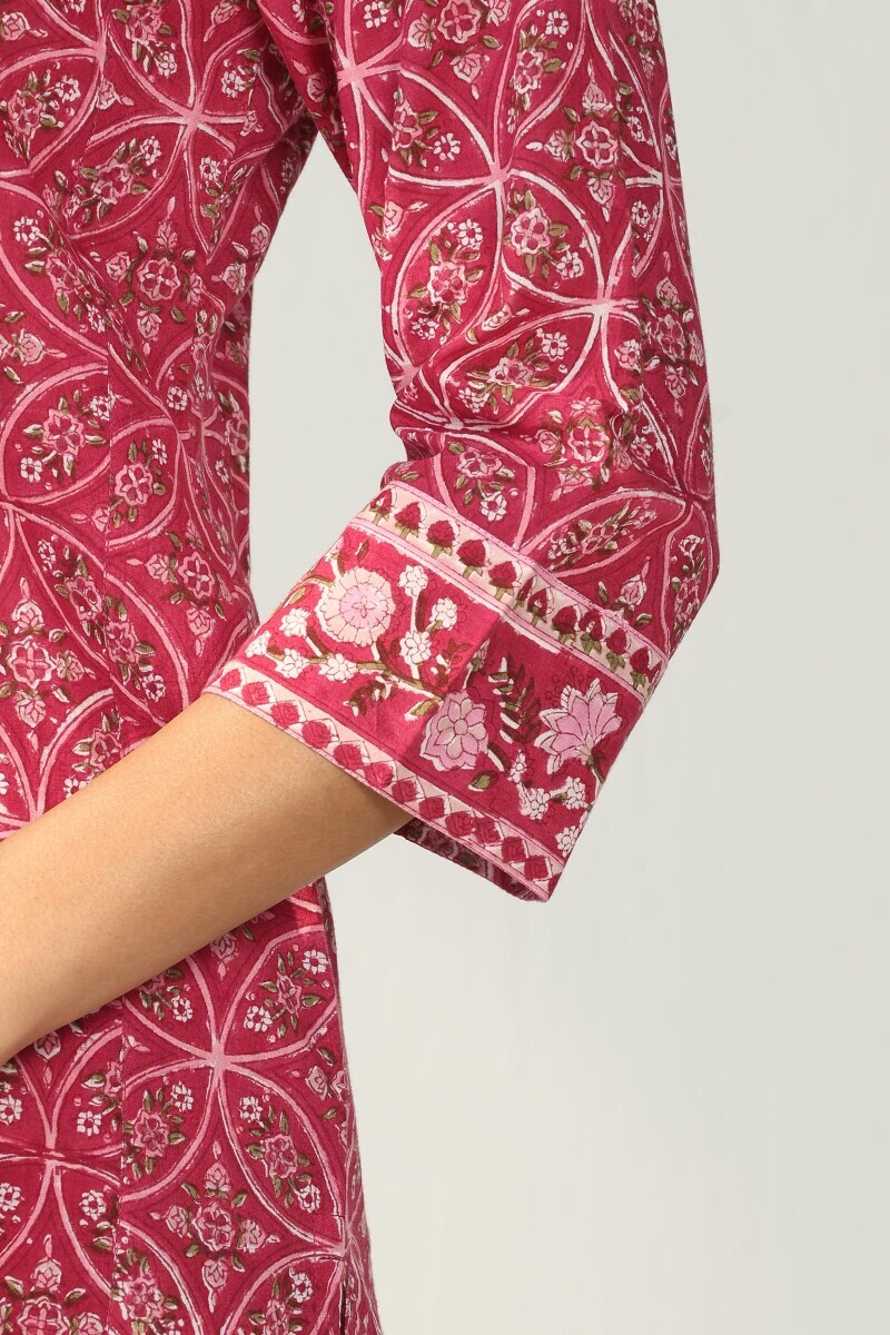 Pink Hand Block Printed Straight Cotton Kurta