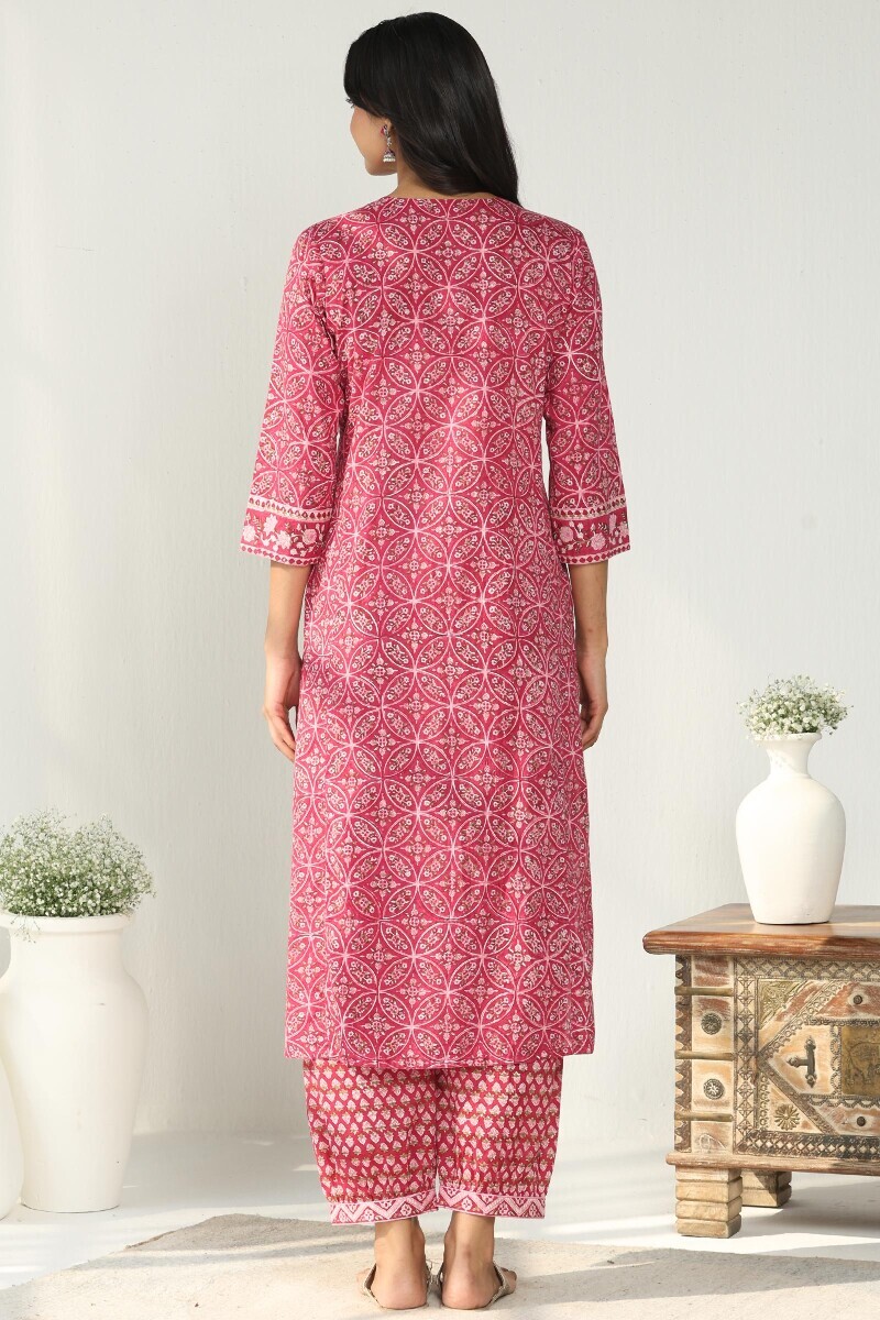 Pink Hand Block Printed Straight Cotton Kurta