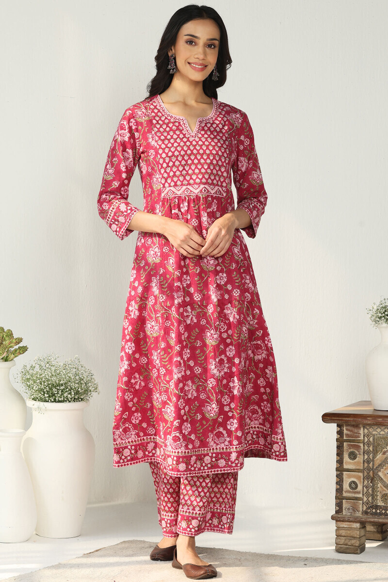 Pink Hand Block Printed A-Line Cotton Kurta